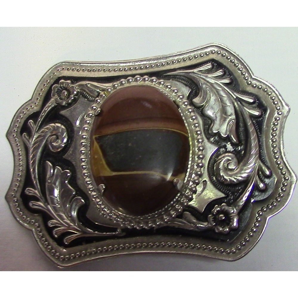 Vintage Belt Buckle Flower & Leaf Design w/Tiger Eye Stone Silver Tone